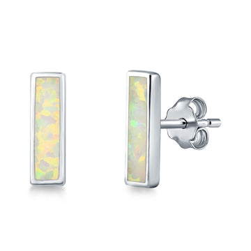 Bar Stud Earrings Lab Created White Opal 925 Sterling Silver